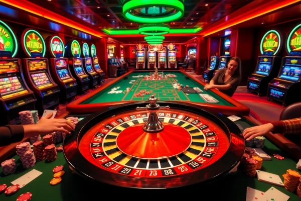 KJC.COM brings the thrilling atmosphere of a bustling casino with roulette, poker chips, and vibrant slot machines.