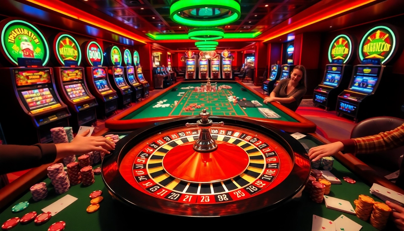 KJC.COM brings the thrilling atmosphere of a bustling casino with roulette, poker chips, and vibrant slot machines.