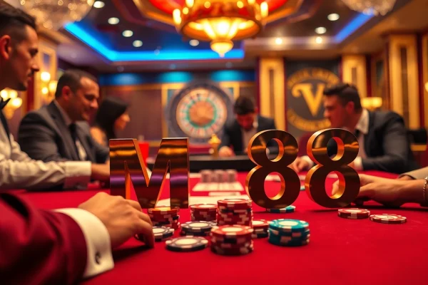 MM 88 poker table with colorful chips and intense players, showcasing the excitement of casino gambling.