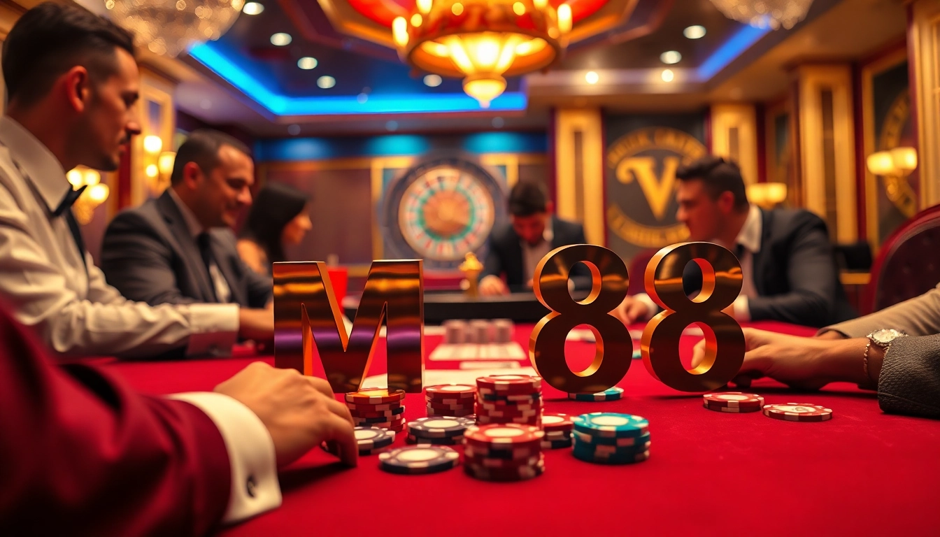 MM 88 poker table with colorful chips and intense players, showcasing the excitement of casino gambling.