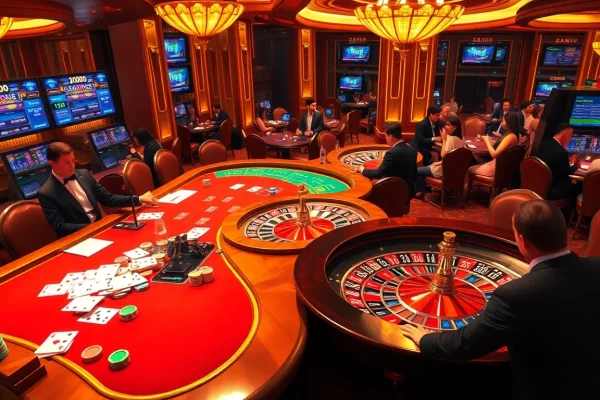 Experience the excitement at trang chủ Jun88 with vibrant casino tables and players enjoying thrilling gambling activities.
