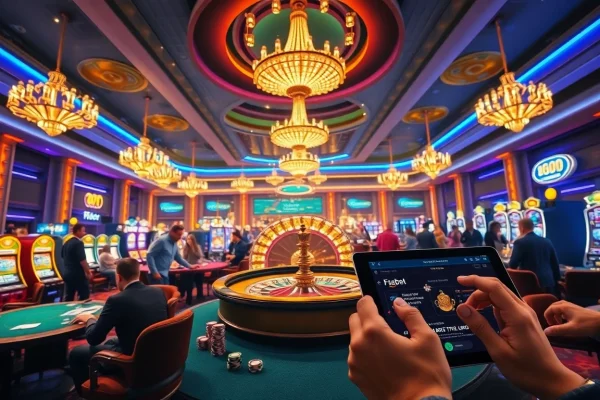 Discover the vibrant energy of a casino at https://f8beta2.me/, featuring roulette tables, slot machines, and lively players.