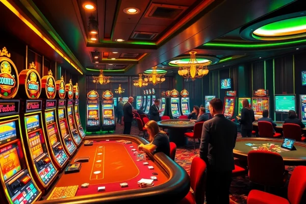 39bet online casino scene with vibrant slot machines and players at a poker table.