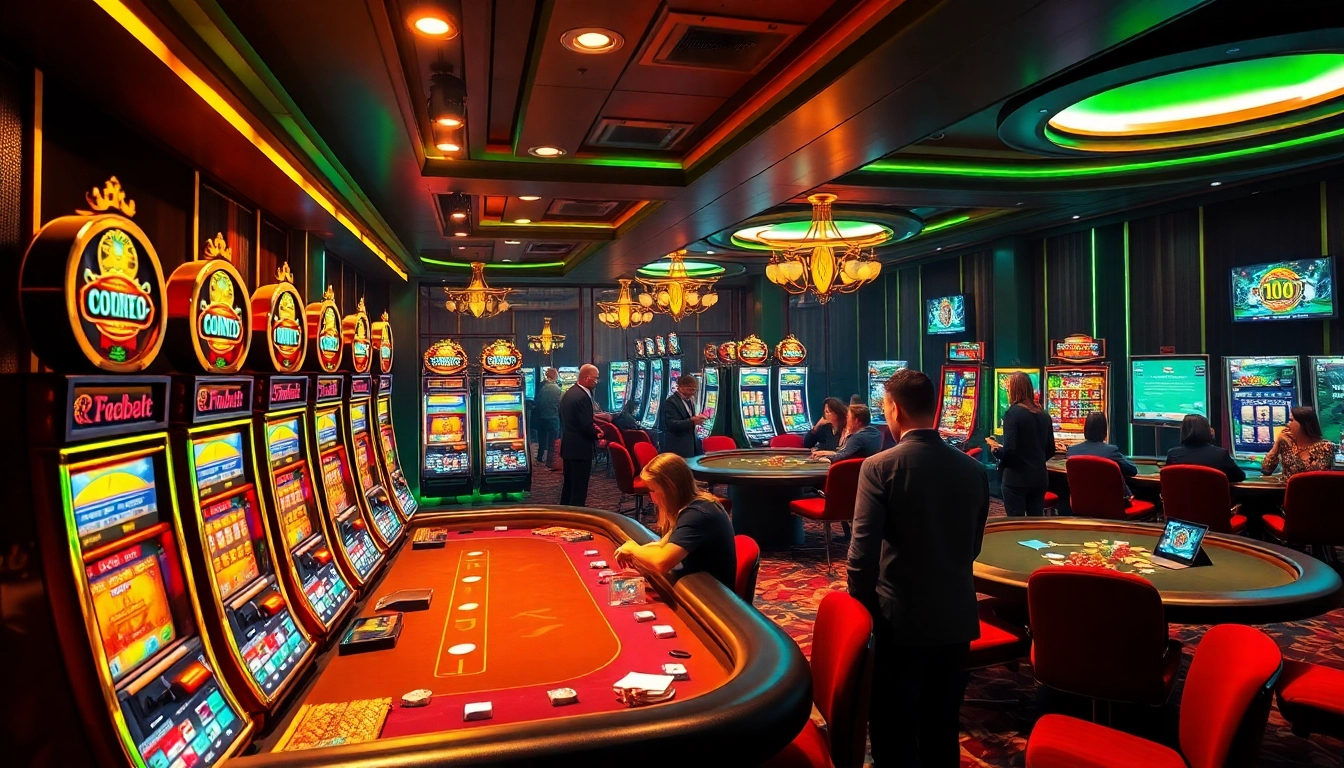 39bet online casino scene with vibrant slot machines and players at a poker table.