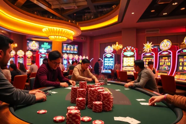 Experience the thrill of MM 88 in a lively casino, featuring engaged players at poker tables and vibrant slot machines.