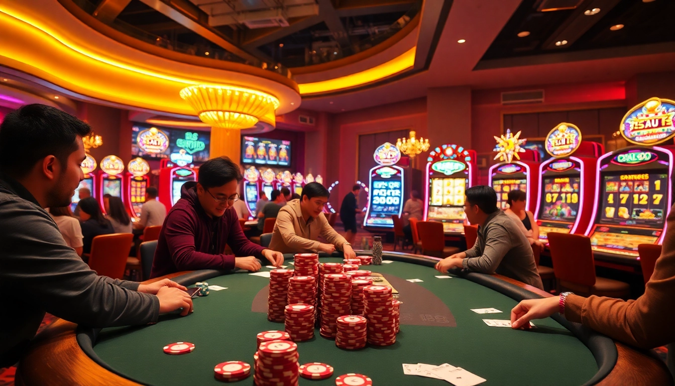 Experience the thrill of MM 88 in a lively casino, featuring engaged players at poker tables and vibrant slot machines.