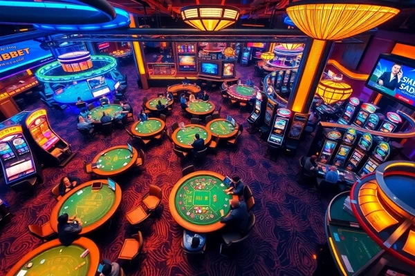 SHBET casino scene featuring players at poker tables and vibrant slot machines.