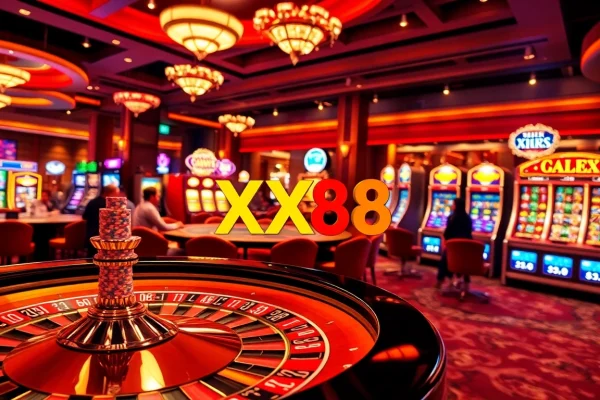 Exciting casino scene depicting players at a poker table and roulette wheel, showcasing Nhà Cái XX88's thrilling gambling experience.