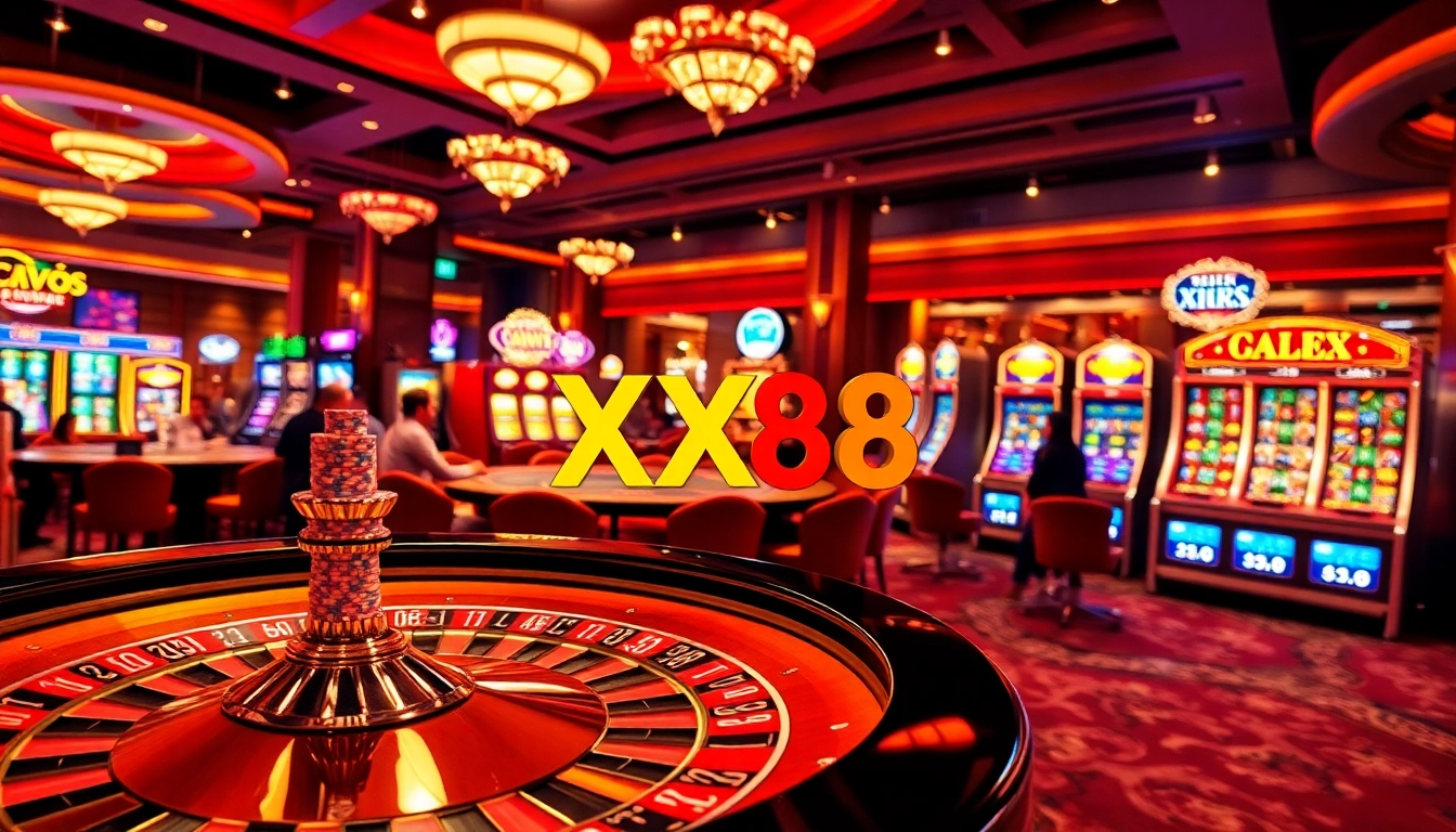 Exciting casino scene depicting players at a poker table and roulette wheel, showcasing Nhà Cái XX88's thrilling gambling experience.